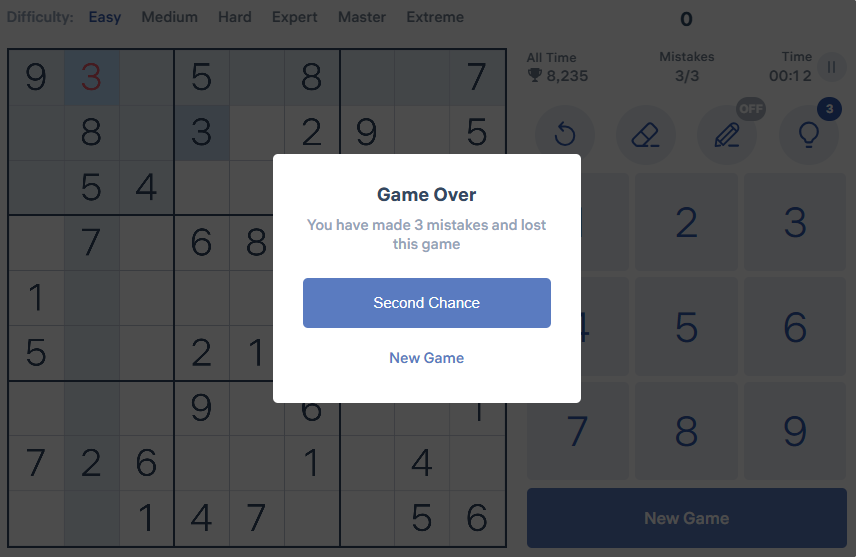 Sudoku Game Over